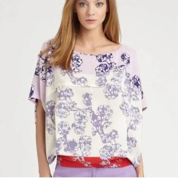DVF Diane Von Furstenberg Silk Landy Blouson Blouse Top Floral Purple S - Picture 1 of 10